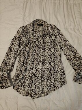 Tahari Cream and Black Snake Print Button-Down Shirt